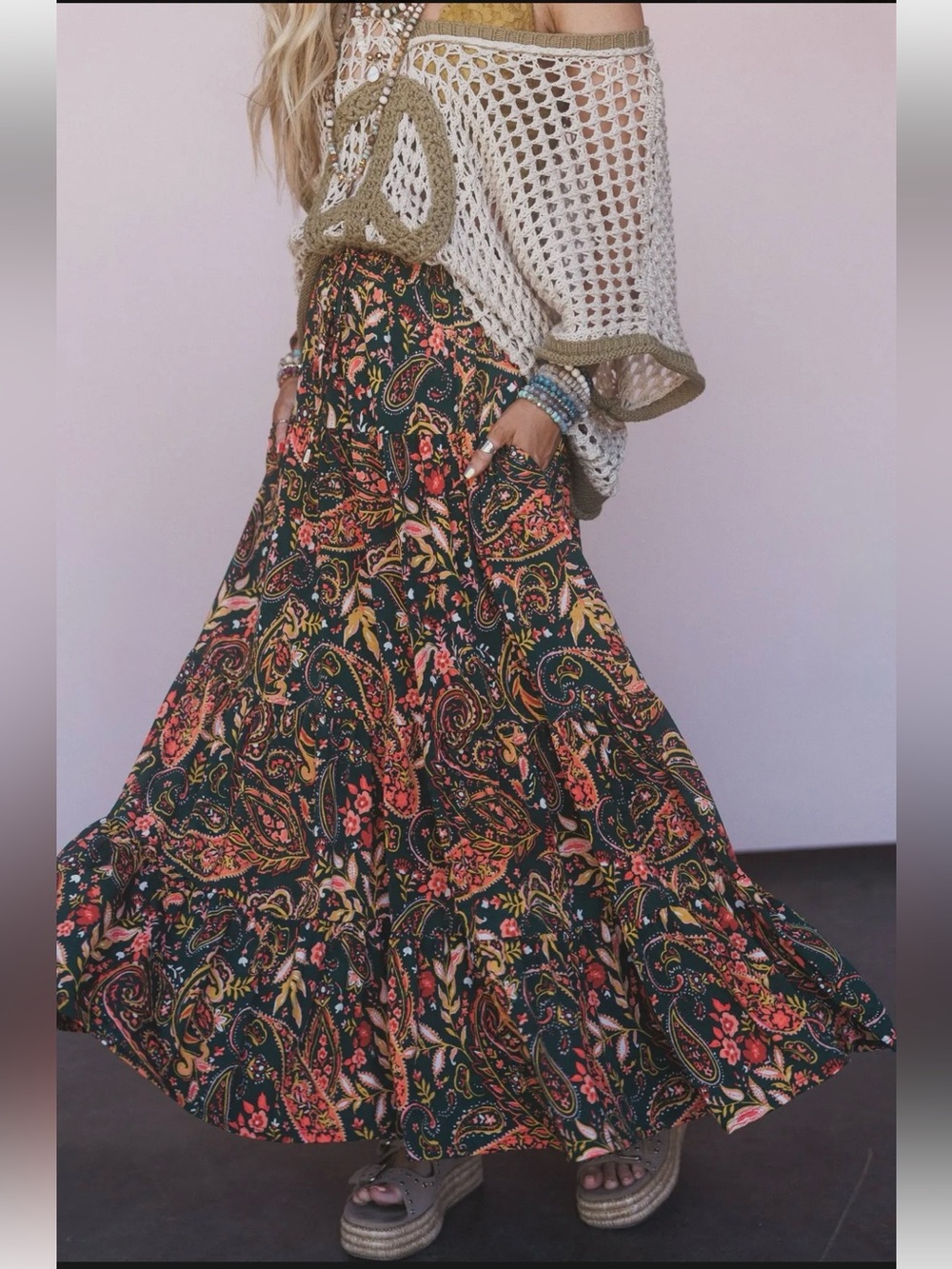New: Three Bird Nest “Happy Tiers” Boho Mixed Print Tiered Flowy Maxi Skirt• S - Picture 2 of 9